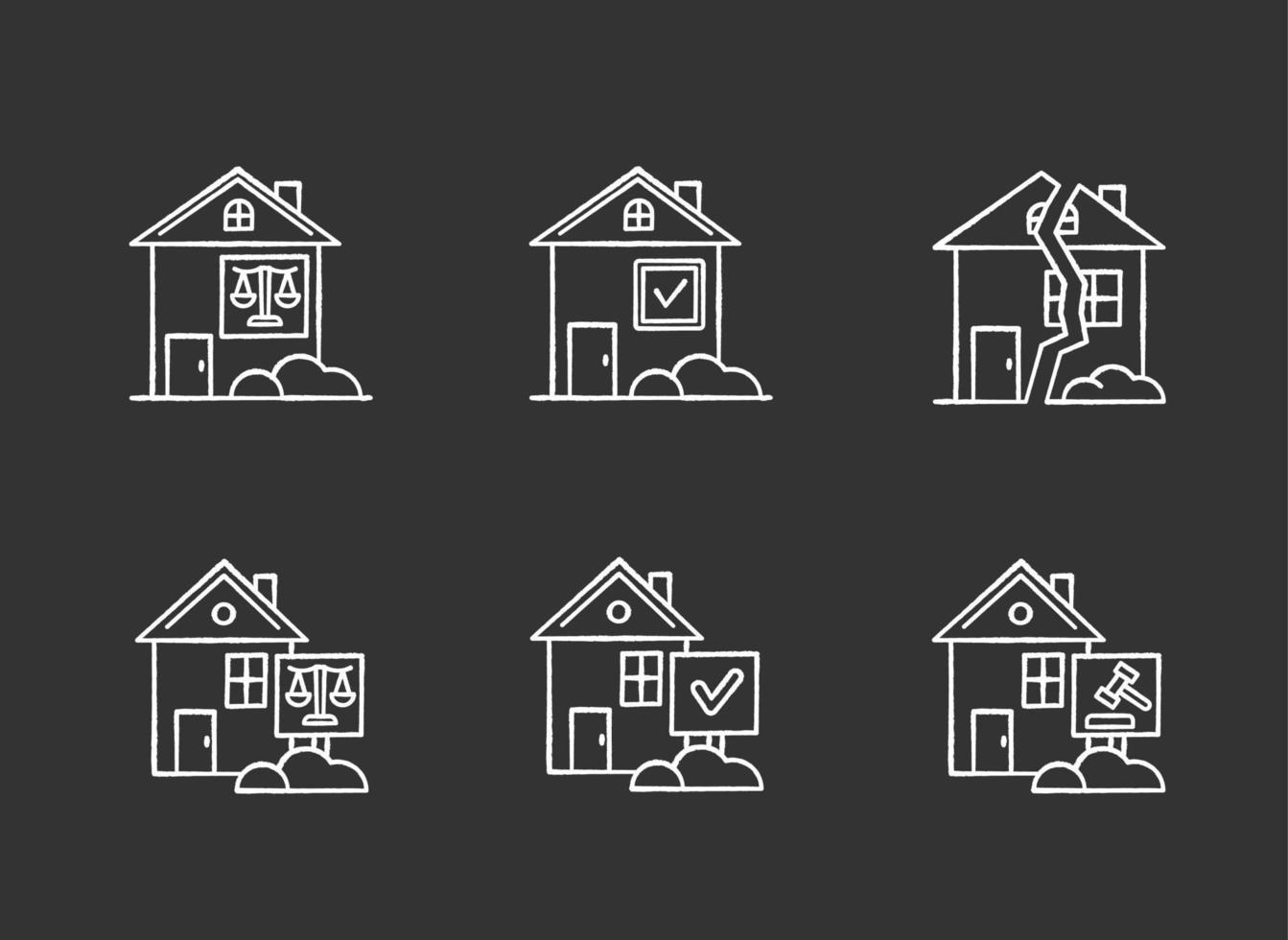 Real estate matters chalk white icons set on black background. Tenancy legal dispute. Property litigation, court case. Realty trial. Lease agreement, contract. Isolated vector chalkboard illustrations