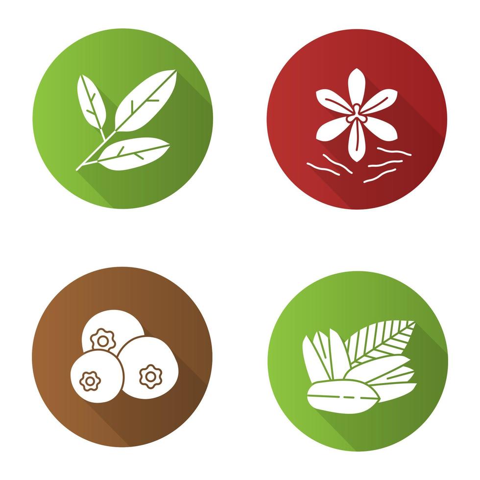 Spices flat design long shadow glyph icons set. Bay leaves, pistachio, allspice, saffron. Vector silhouette illustration