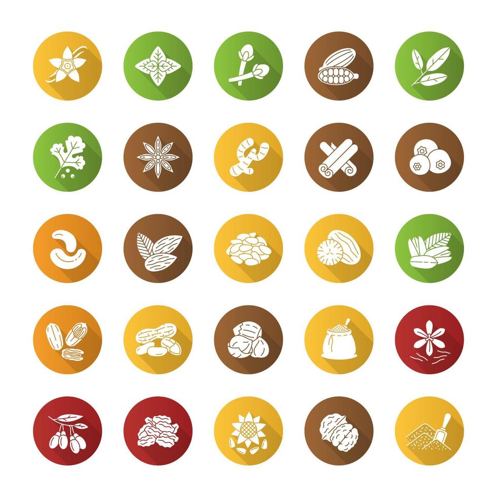 Conjunto de iconos de glifo de larga sombra de diseño plano de especias. aromas, condimentos. maní, vainilla, cardamomo, anís, pimienta de Jamaica. ilustración de silueta de vector