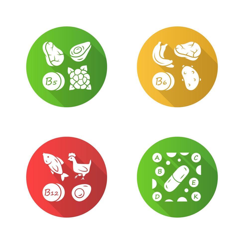 Vitamins flat design long shadow glyph icons set. B5, B6, B12 natural food source. Vitamin pills. Fruits, meat, vegetables. Proper nutrition. Minerals, antioxidants. Vector silhouette illustration