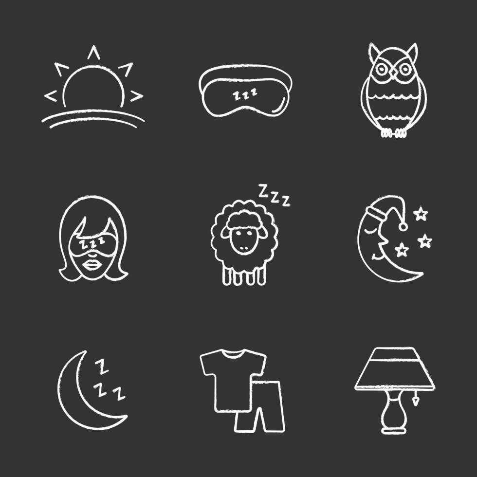 Sleeping accessories chalk icons set. Sunset, woman with sleeping mask, owl, sheep, moon, pajamas, table lamp. Isolated vector chalkboard illustrations