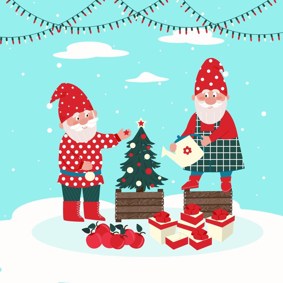 Two gnomes decorate a Christmas tree. Vector characters in flat style, cartoon.