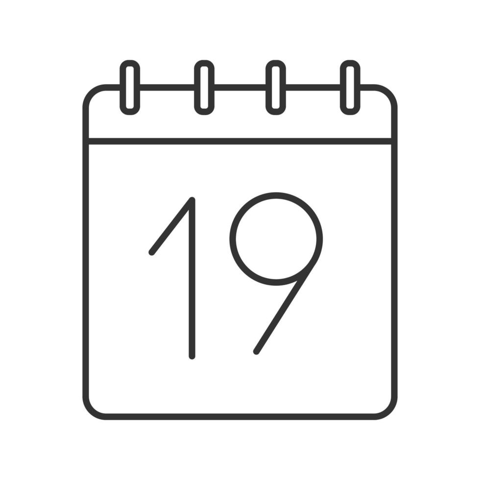 Nineteenth day of month linear icon. Wall calendar with 19 sign. Thin line illustration. Date contour symbol. Vector isolated outline drawing