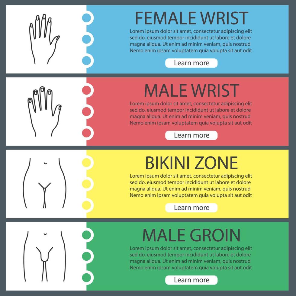 Conjunto de plantillas de banner web de partes del cuerpo. manos de hombre y mujer, zona del bikini, ingle masculina. elementos del menú de color del sitio web con iconos lineales. conceptos de diseño de encabezados vectoriales vector