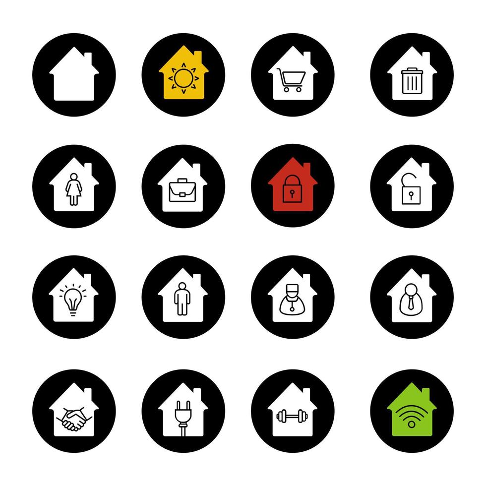 Houses glyph icons set. Home buildings with sun, shopping cart, wastebasket, man and woman, briefcase inside. Vector white silhouettes illustrations in black circles