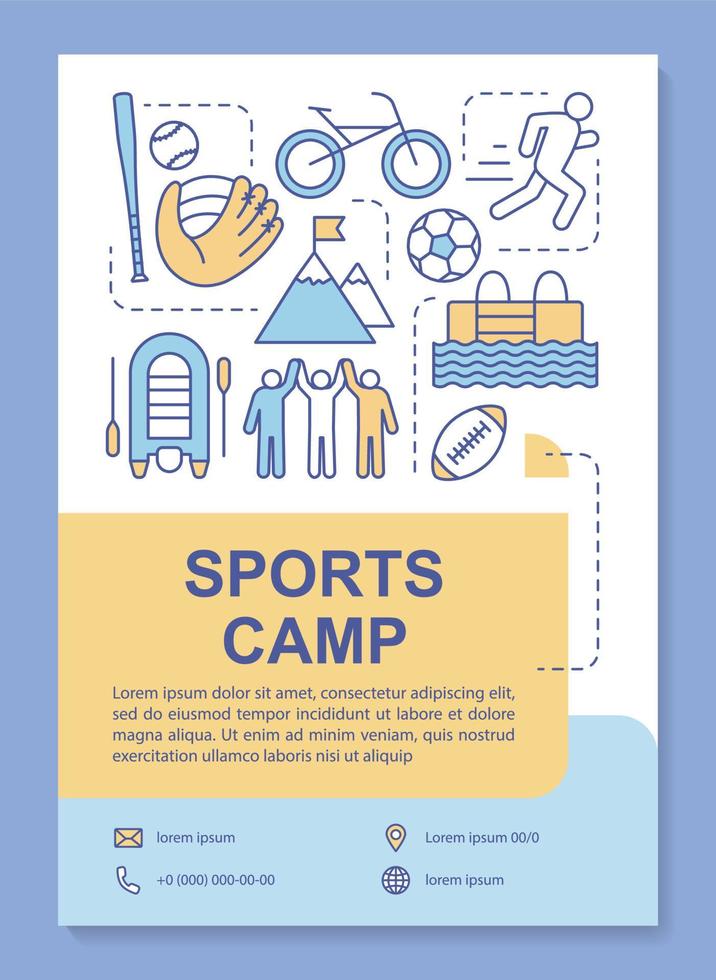 Sports camp, body training brochure template layout. Flyer, booklet, leaflet print design with linear illustrations. Vector page layouts for magazines, annual reports, advertising posters
