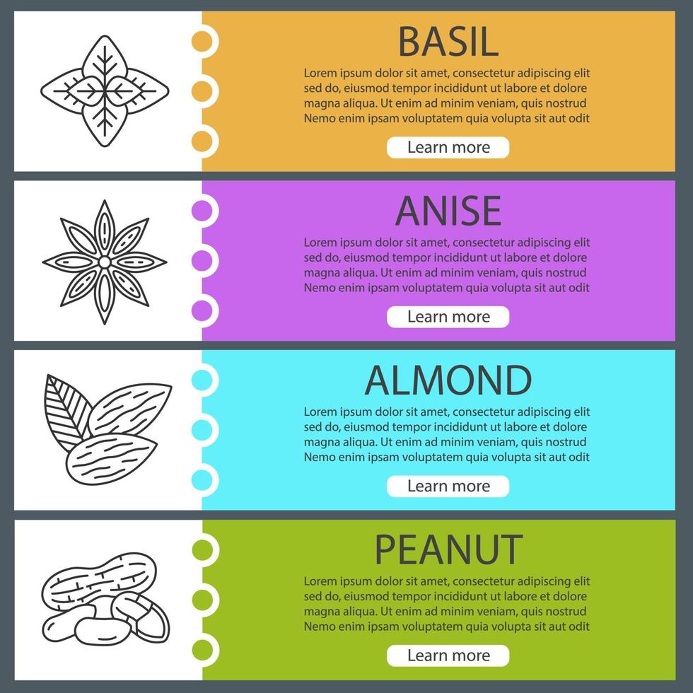 Spices web banner templates set. Basil, anise, almond, peanut. Website color menu items with linear icons. Vector headers design concepts