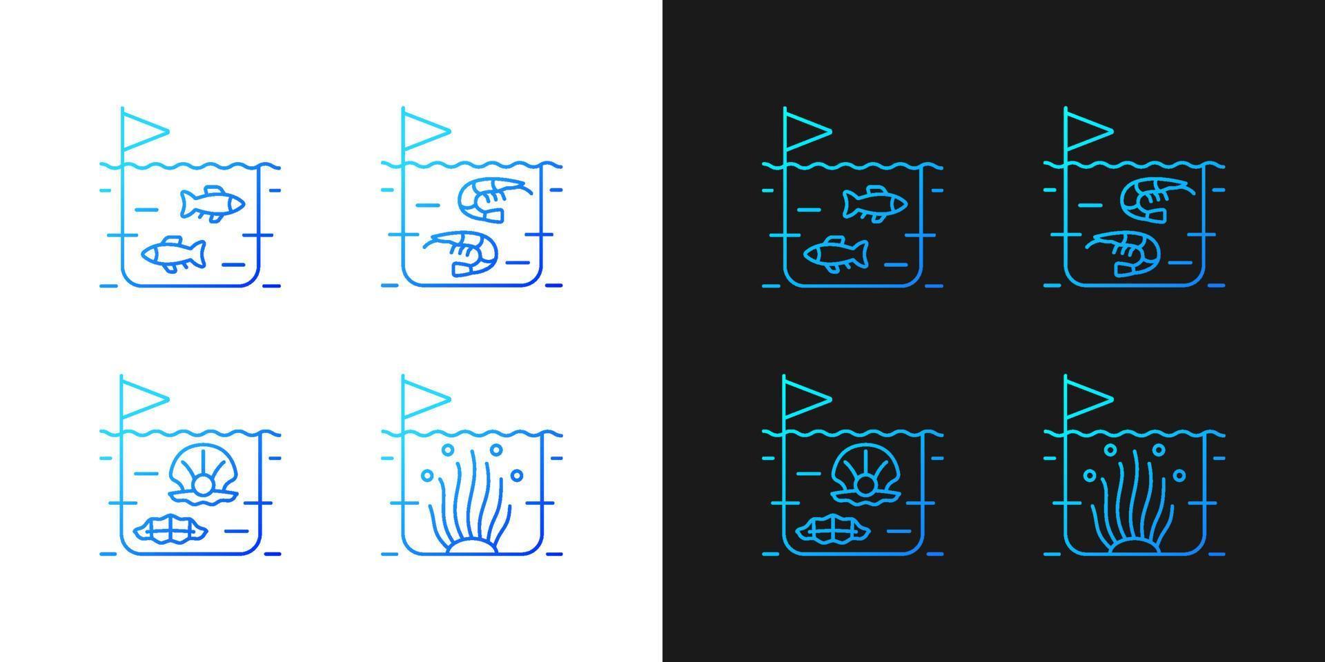 iconos de gradiente de cultivo de productos marinos comerciales establecidos para modo oscuro y claro vector