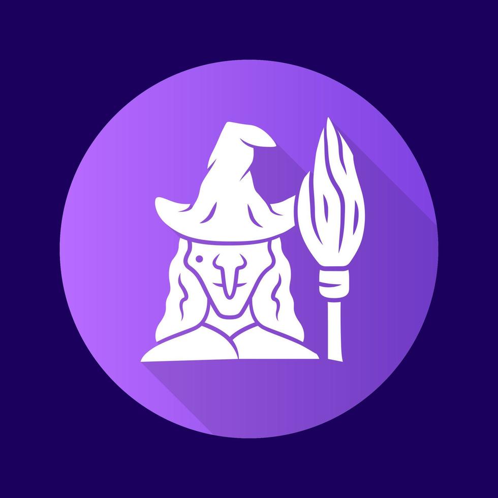 Witch purple flat design long shadow glyph icon. Wicked sorceress, hag with broomstick. Halloween costume. Evil old woman in wizard hat and broom stick. Vector silhouette illustration