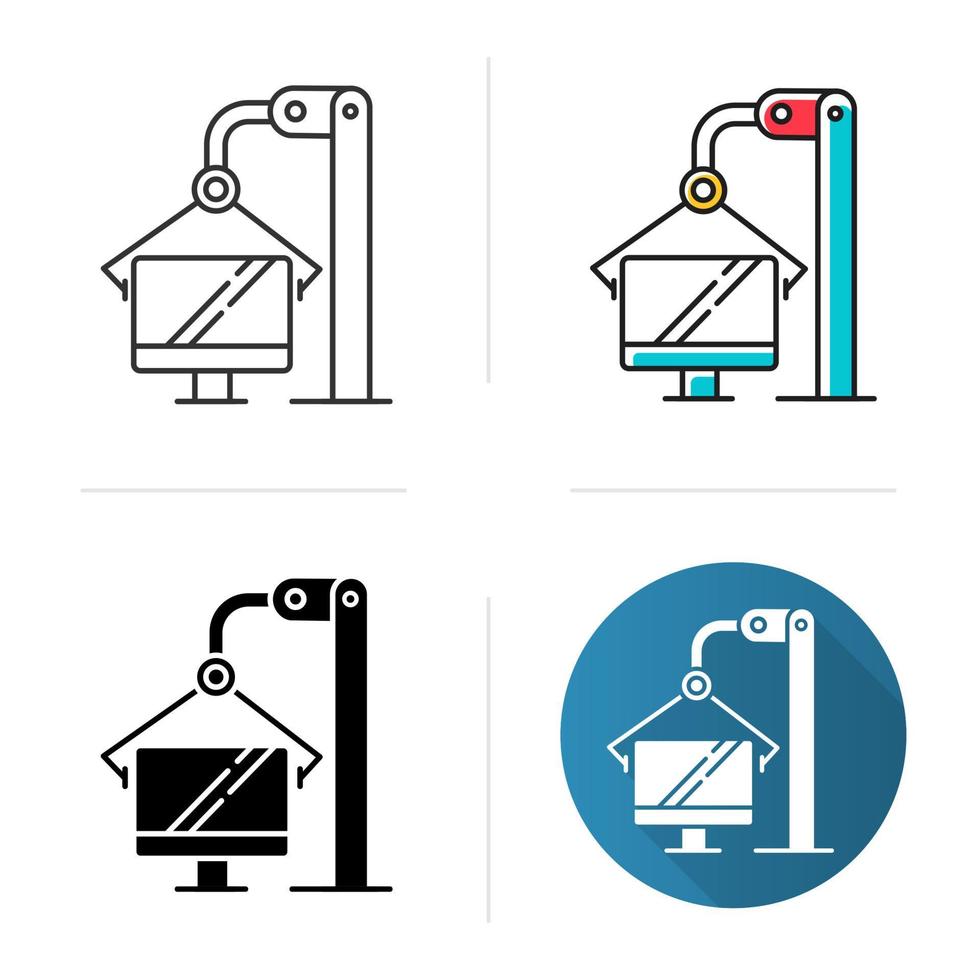 Computer industry icon. Information technology. Production process on monitor factory. Manufacturing of electronic equipment. Flat design, linear and color styles. Isolated vector illustrations