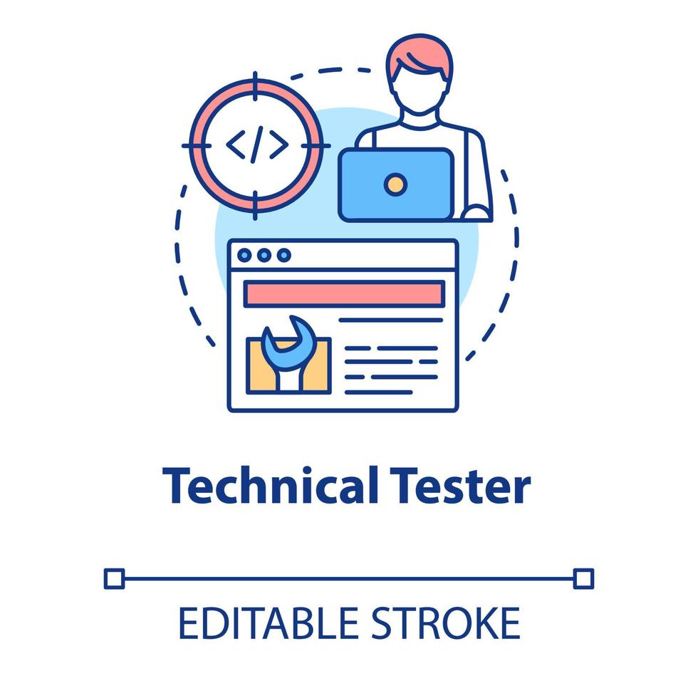 Technical tester concept icon. Software development idea thin line illustration. App programming. System functions analysis. IT project managment. Vector isolated outline drawing. Editable stroke