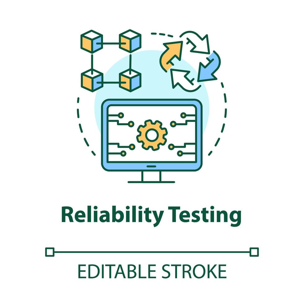 Reliability testing concept icon. Software development type idea thin line illustration. Application programming. Failure-free perfomance. IT project. Vector isolated outline drawing. Editable stroke