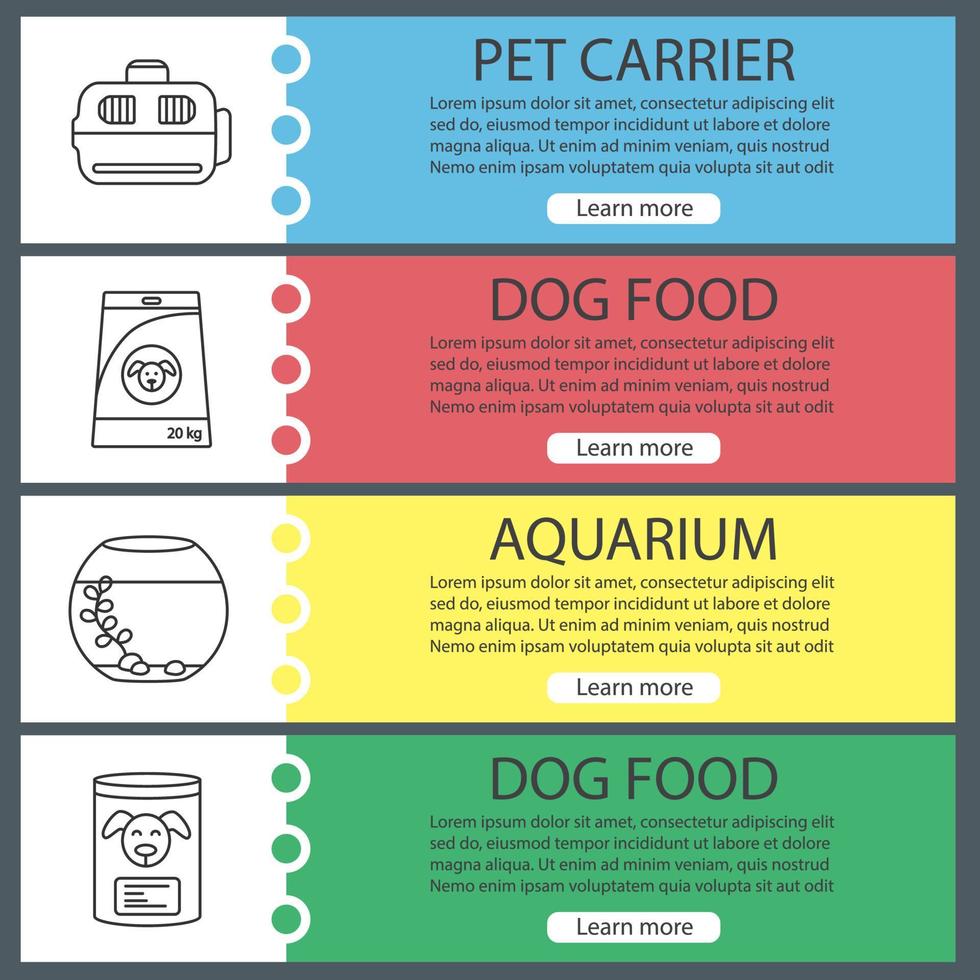 Pets supplies web banner templates set. Animal carrier, canned dog food, aquarium. Website color menu items with linear icons. Vector headers design concepts