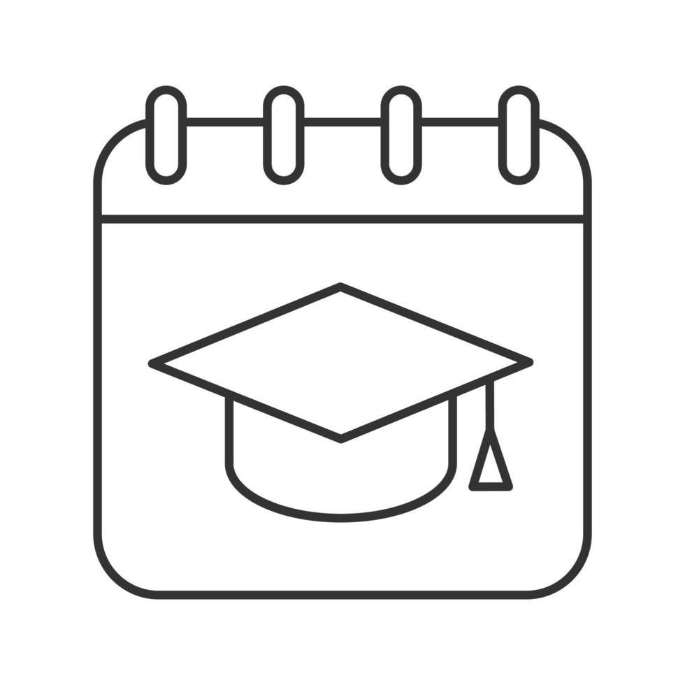 Graduation date linear icon. Thin line illustration. Calendar page with square academic hat. Contour symbol. Vector isolated outline drawing