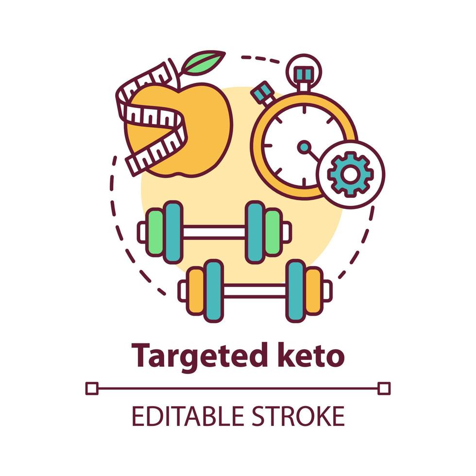 Targeted keto concept icon. Ketogenic food idea thin line illustration. Diet and workout. Healthy meal and fitness. Sport, healthy lifestyle. Vector isolated outline drawing. Editable stroke