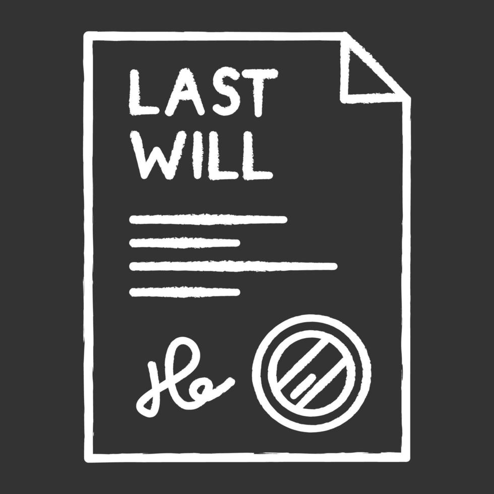 Signed last will chalk white icon on black background. Document with stamp. Notarized testament. Apostille and legalization. Legal paper. Notary services. Isolated vector chalkboard illustration