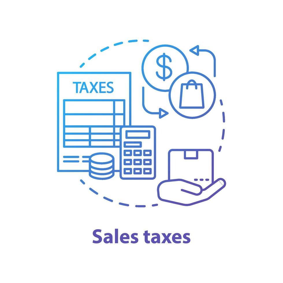 Sales taxes blue concept icon. Paying income fee to government for selling goods idea thin line illustration. Consumption tax. Calculating value-added taxation. Vector isolated outline drawing