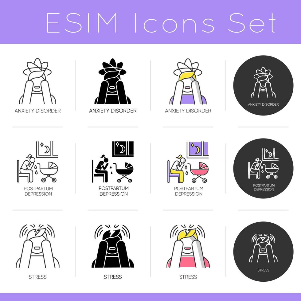 Mental disorder icons set. Anxiety and worry. Postpartum and postnatal depression. Stress and exhaustion. Migraine, headache. Flat design, linear, black and color styles. Isolated vector illustrations