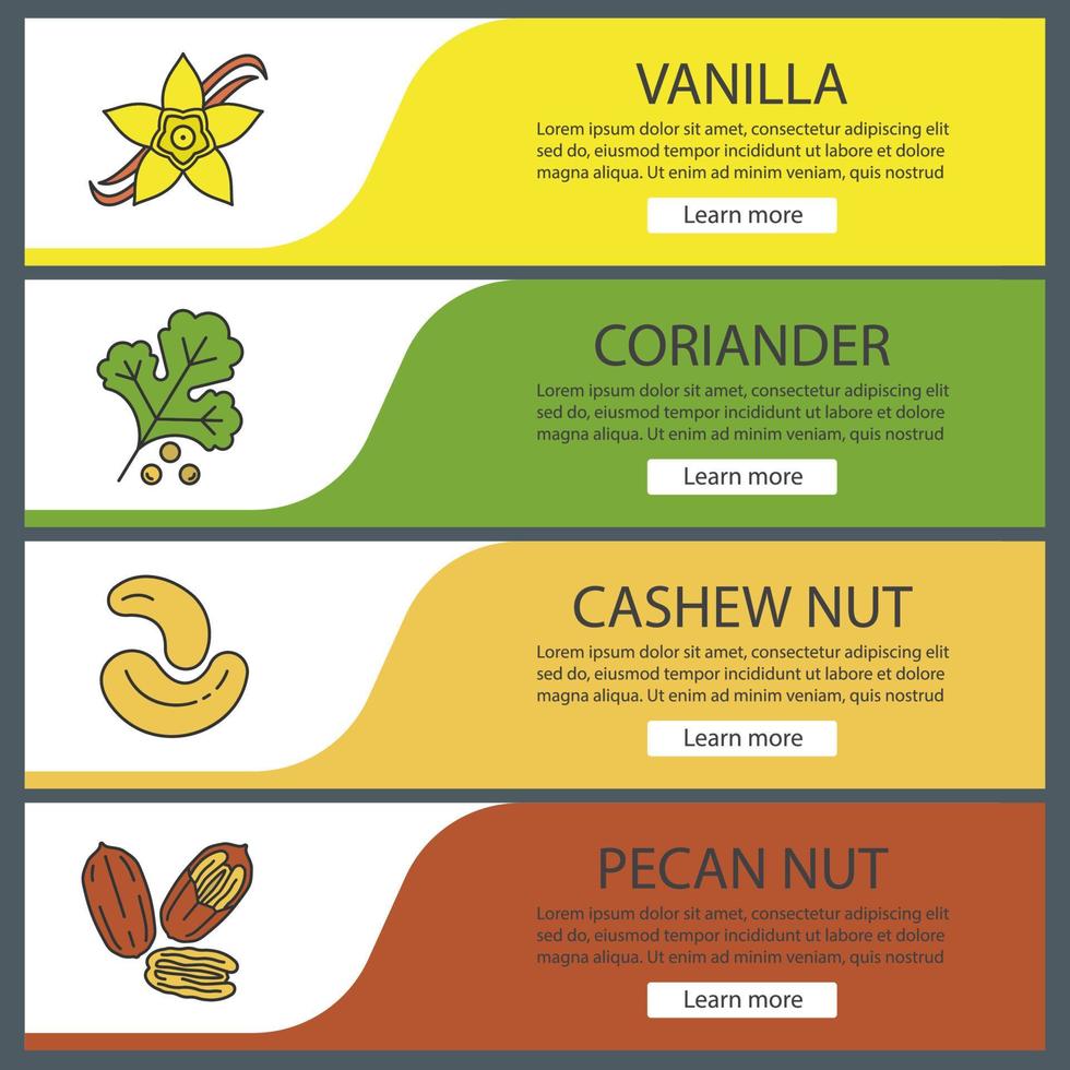 Conjunto de plantillas de banner web de especias. flor de vainilla, cilantro, anacardo y nueces pecanas. elementos del menú de color del sitio web. conceptos de diseño de encabezados vectoriales vector