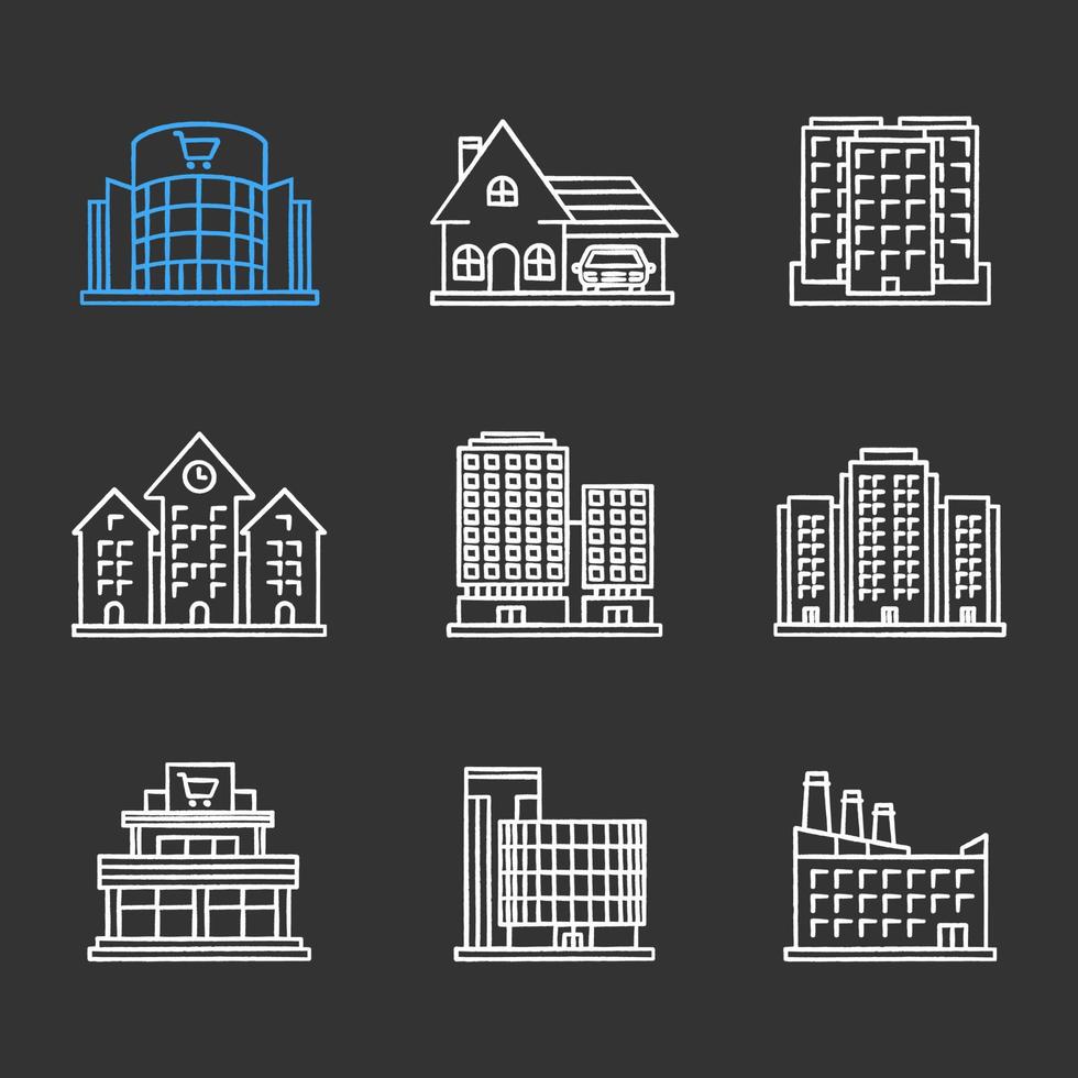 Conjunto de iconos de tiza de edificios de la ciudad. plazas comerciales, centros de negocios, casa rural, ayuntamiento, factoría industrial, edificios de varios pisos. ilustraciones de pizarra vector aislado