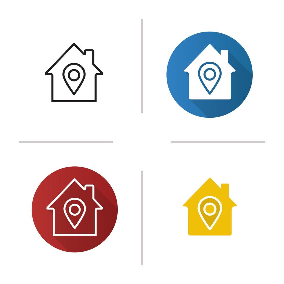 Home location icon. Flat design, linear and glyph color styles. House with map pinpoint inside. Isolated vector illustrations