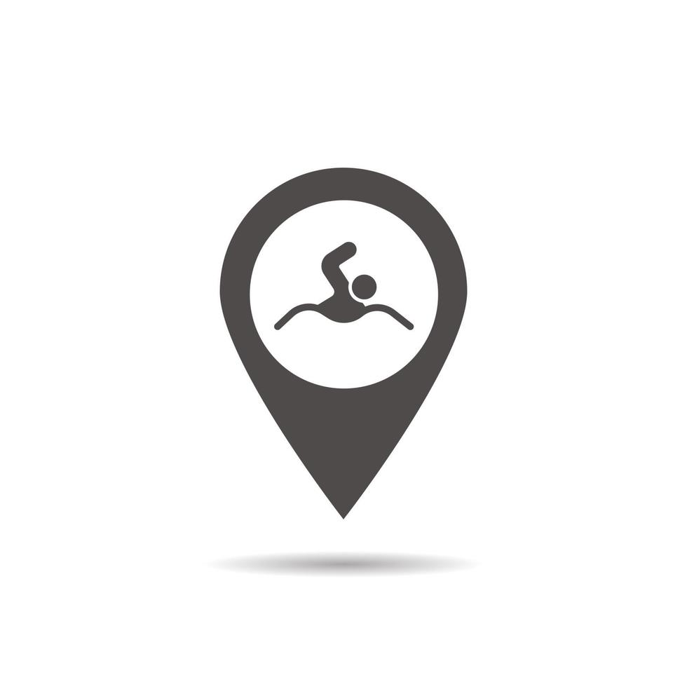 Swimming pool location icon. Drop shadow map pointer silhouette symbol. Swimming man pinpoint. Beach nearby. Vector isolated illustration