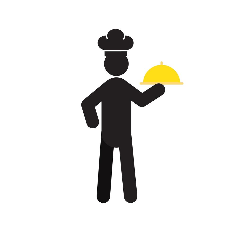 Chef with dish silhouette icon. Restaurant business. Cooking. Isolated vector illustration. Catering