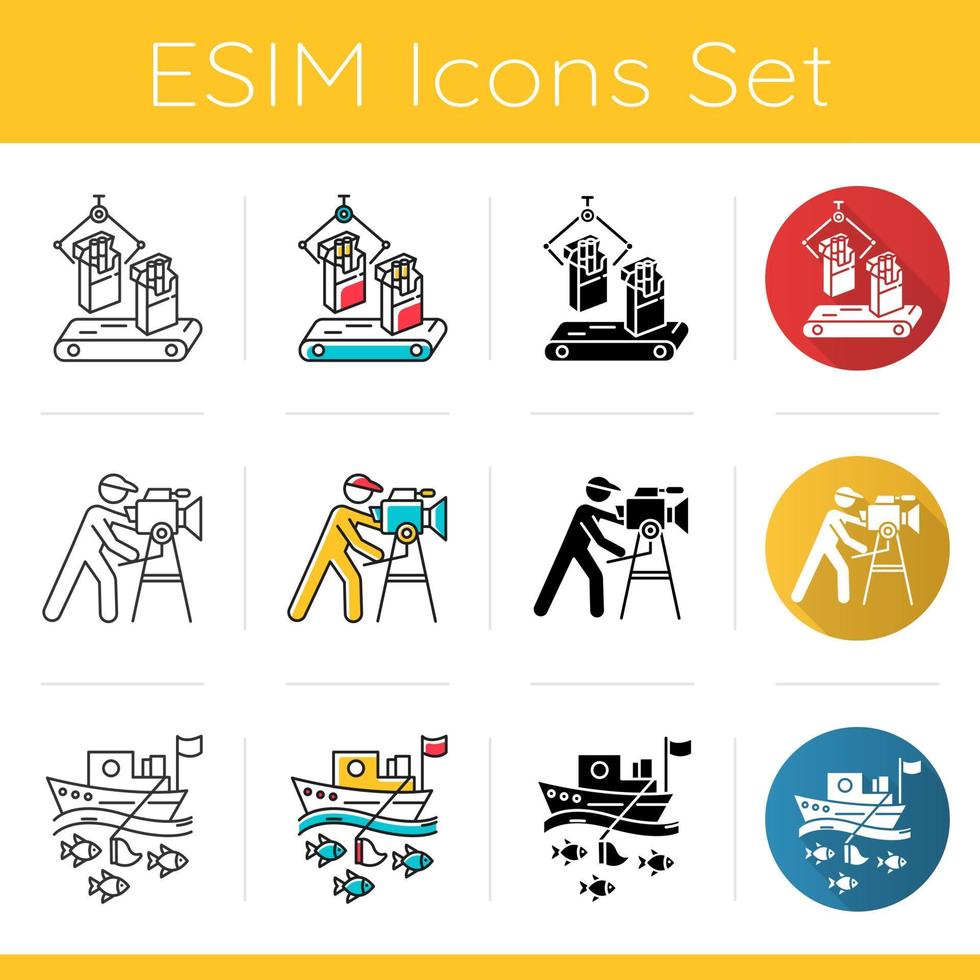 Industry types icons set. Tobacco, film, fishing sectors of economy. Goods and services production. Technology development. Flat design, linear, black and color styles. Isolated vector illustrations