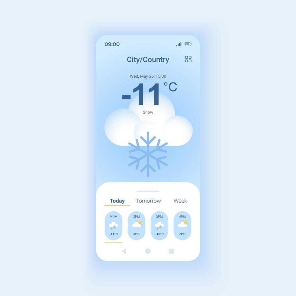 Snowy weather forecast daytime mode smartphone interface vector template