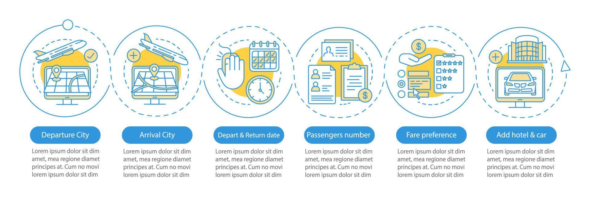 plantilla de infografía de vector de planificación de viaje. hotel, coche. elementos de diseño de presentación de negocios. visualización de datos con seis pasos y opciones. gráfico de la línea de tiempo del proceso. diseño de flujo de trabajo con iconos lineales