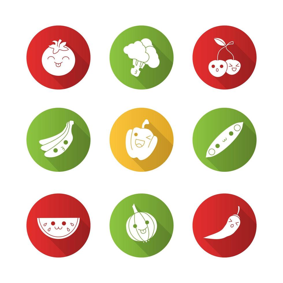 Vegetables and fruits cute kawaii flat design long shadow glyph characters set vector