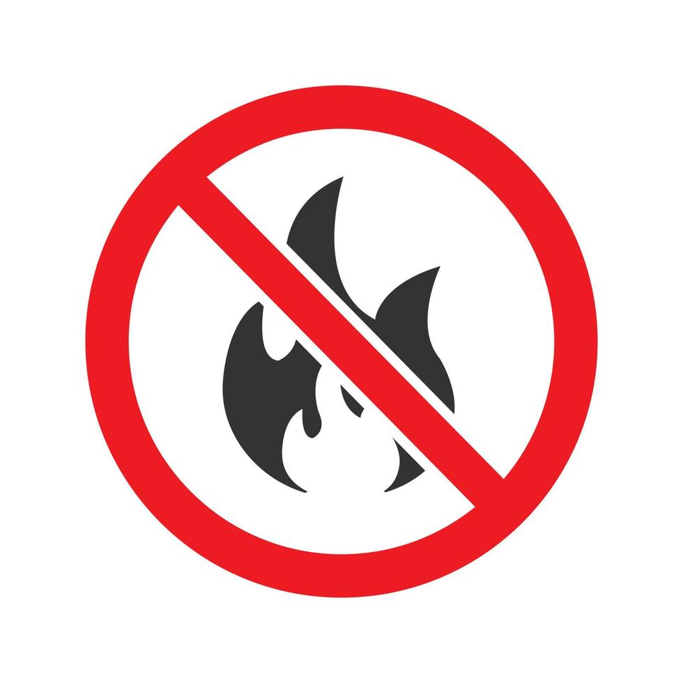 Forbidden sign with fire glyph icon. Stop silhouette symbol. No bonfire prohibition. Negative space. Vector isolated illustration