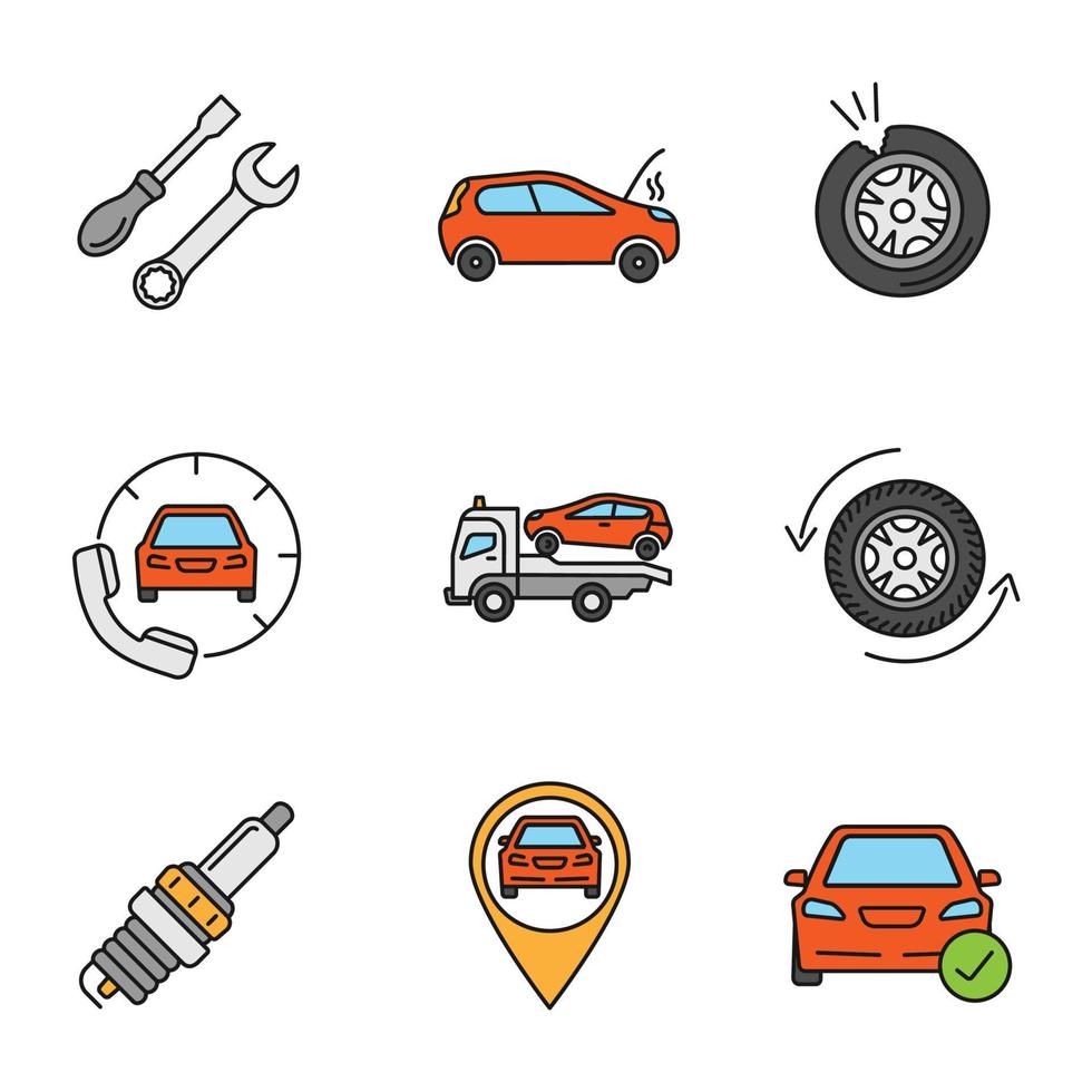 Auto workshop color icons set vector