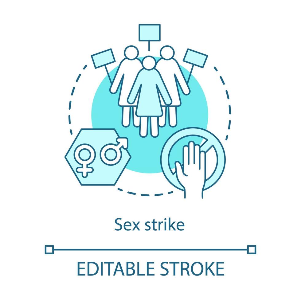 Sex strike concept icon. Sexual abstinence, feminism idea thin line illustration. Women with placards vector isolated outline drawing. Gender discrimination, equal rights protest. Editable stroke