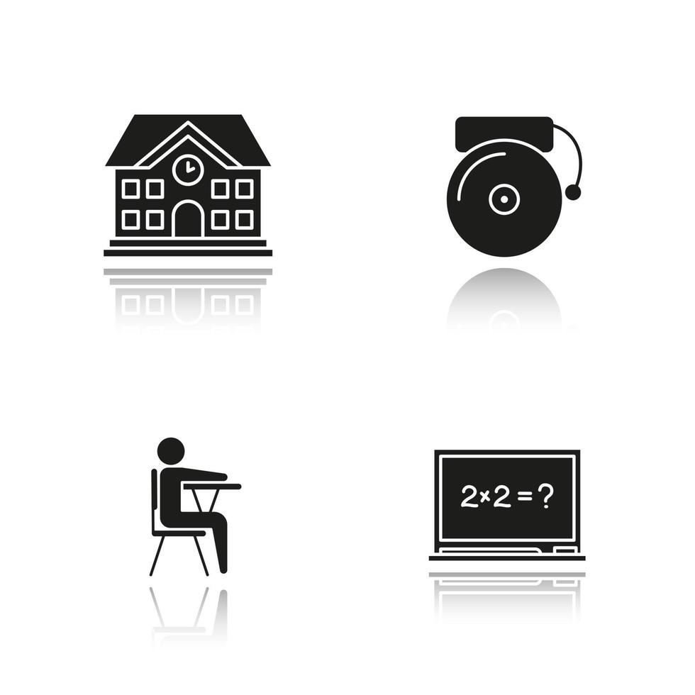 School drop shadow black glyph icons set. School building, bell, pupil sitting in classroom, blackboard. Isolated vector illustrations