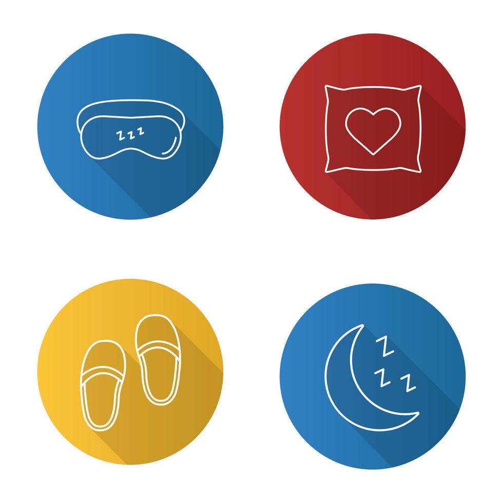 accesorios para dormir conjunto de iconos de sombra plana lineal larga. antifaz para dormir, pantuflas, luna, almohada con forma de corazón. ilustración de contorno vectorial vector