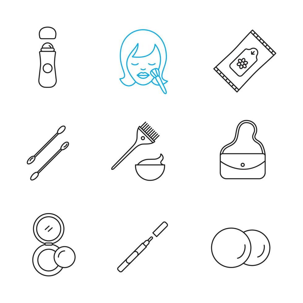 Cosmetics accessories linear icons set. Thin line contour symbols. Roll antiperspirant, wet wipes, cotton pads, earsticks, hair dyeing kit, purse, rouge, eyeliner. Isolated vector outline illustration