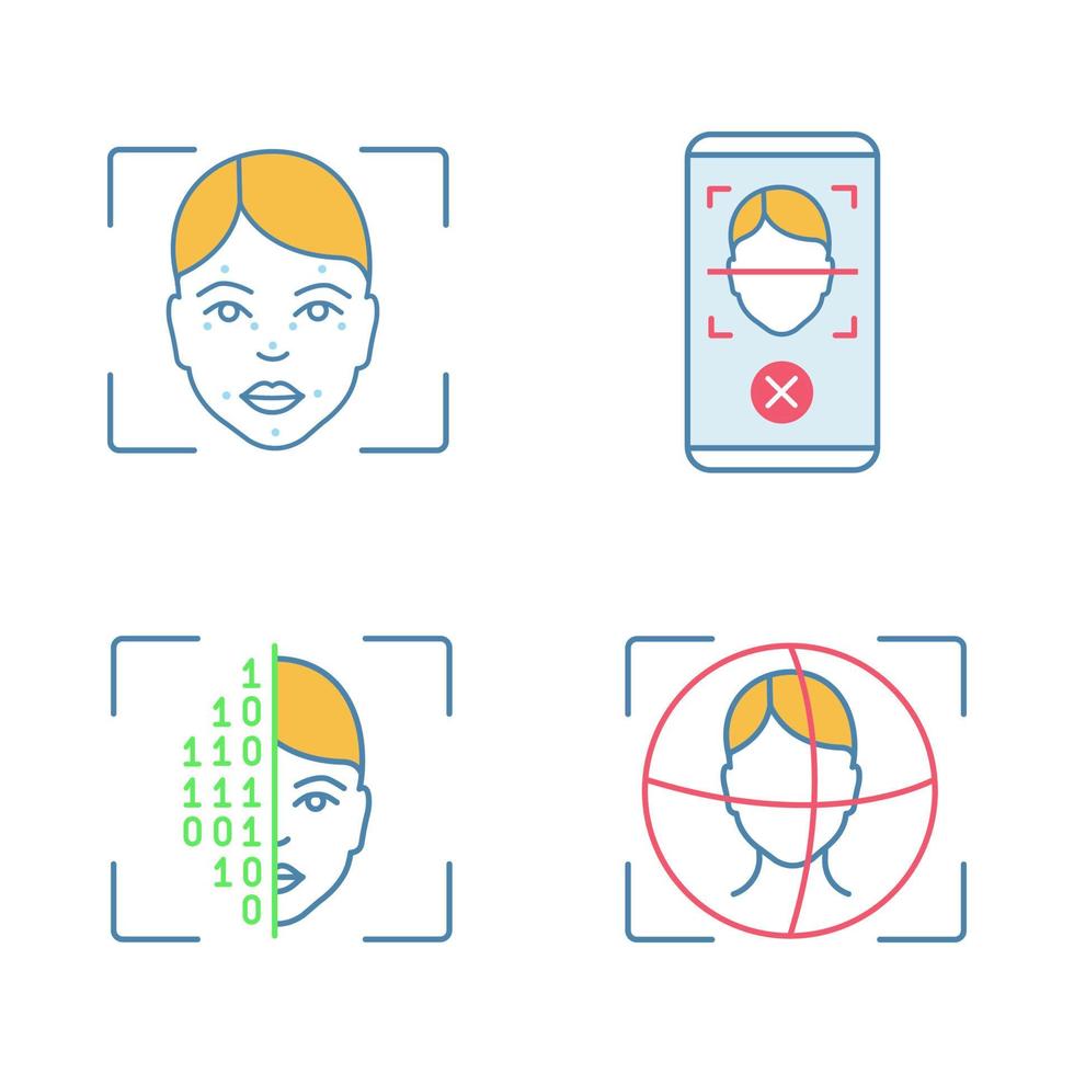 Facial recognition color icons set vector