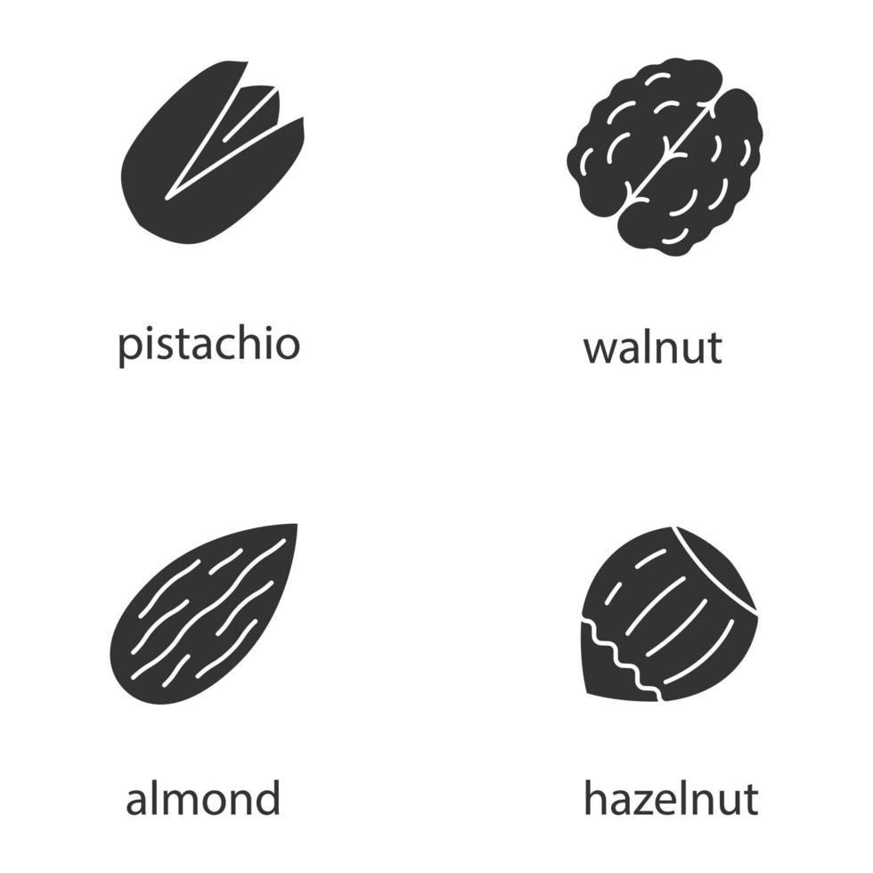 Nuts types glyph icons set. Pistachio, walnut, almond, hazelnut. Silhouette symbols. Vector isolated illustration