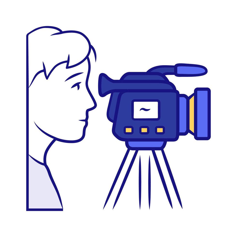 camarógrafo icono de color azul. videograbación, filmación. camarógrafo, operador con cámara. videoperiodista, reportero. industria cinematográfica y de producción de vídeo. ilustración vectorial aislada vector