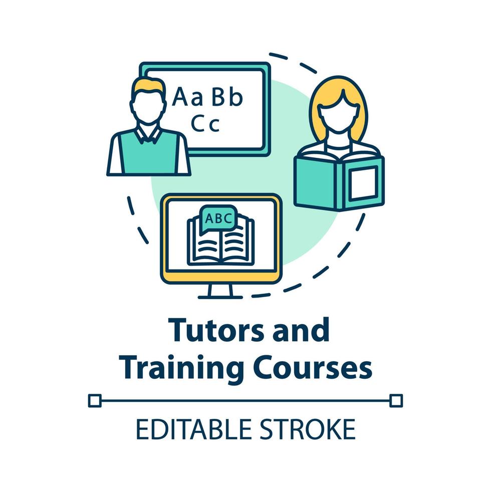 Tutors and training courses concept icon. Educational resources. Personal education, elearning tutorials. Extraclasses idea thin line illustration. Vector isolated outline drawing. Editable stroke