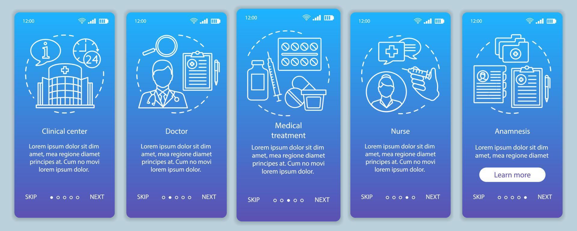 Medicine and healthcare onboarding mobile app page screen with linear concepts. Medical care, treatment patient. Hospital. Steps graphic instructions. UX, UI, GUI vector template with illustrations