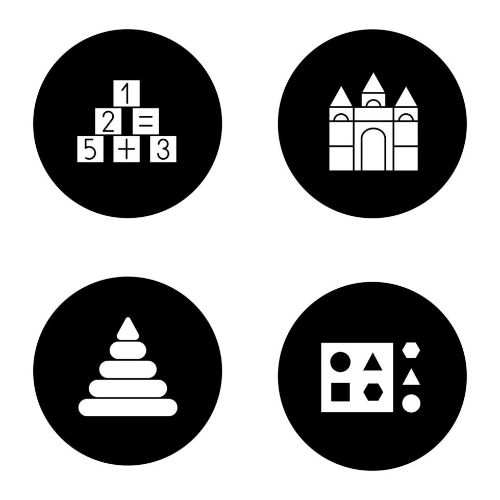 Kids toys glyph icons set. Math and castle building blocks, pyramid, shape sorter toy. Vector white silhouettes illustrations in black circles