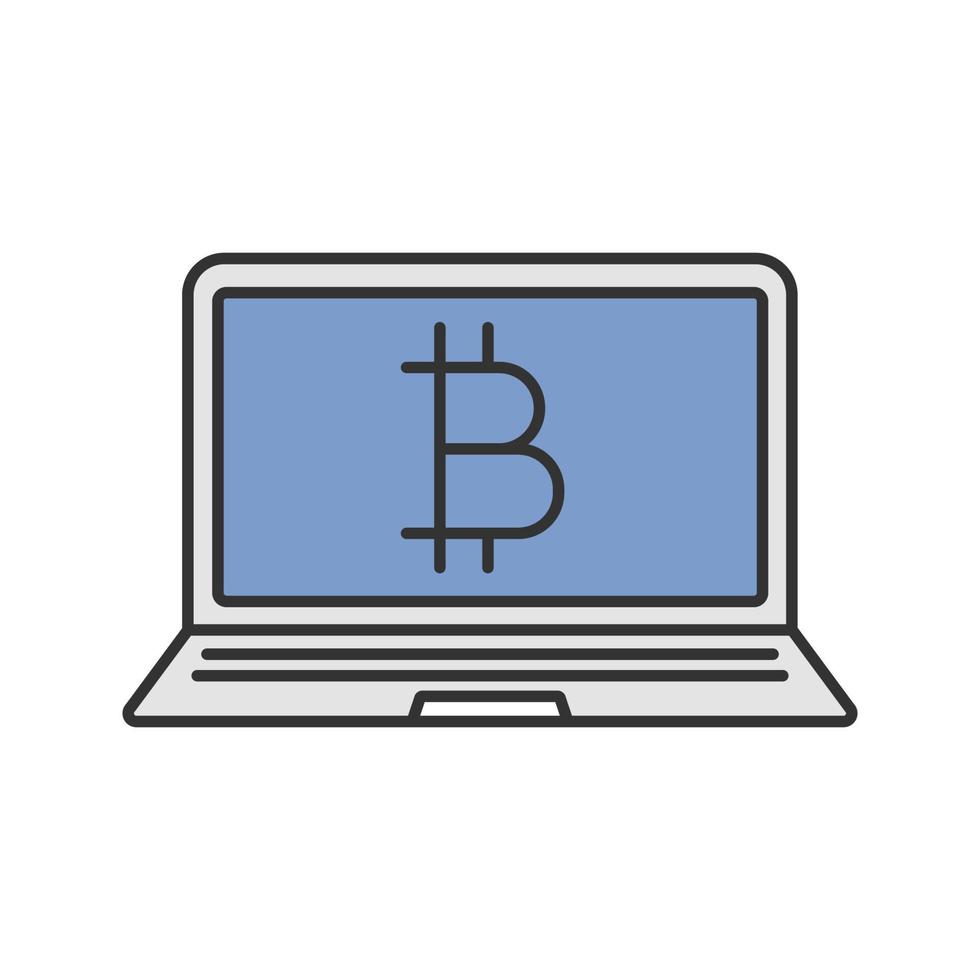 Bitcoin digital wallet color icon. Cryptocurrency. Laptop with bitcoin sign. Isolated vector illustration