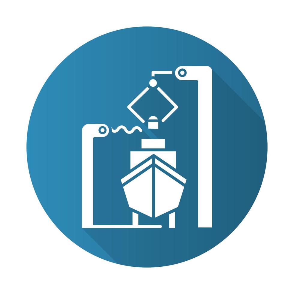 Shipbuilding industry blue flat design long shadow glyph icon. Boat mechanical maintenance. Ship fixing and repairing. Nautical vehicle technical construction. Vector silhouette illustration