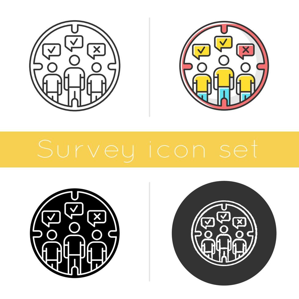 Survey target audience icon. Public opinion. Focus group. Research. Customer satisfaction, review. Feedback. Evaluation. Glyph design, linear, chalk and color styles. Isolated vector illustrations