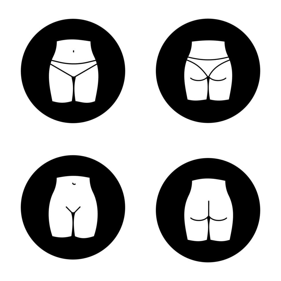 Female body parts glyph icons set. Woman's buttocks and bikini zone. Vector white silhouettes illustrations in black circles