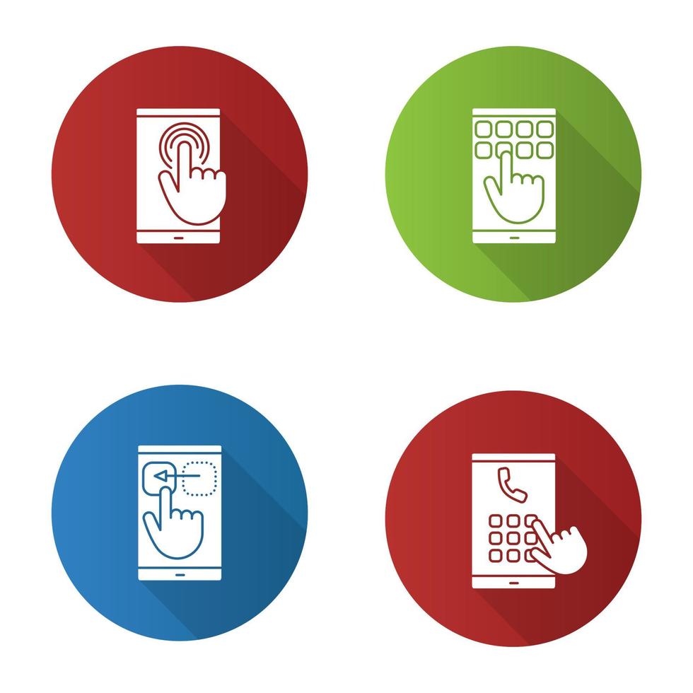Smartphone touchscreen flat design long shadow glyph icons set vector