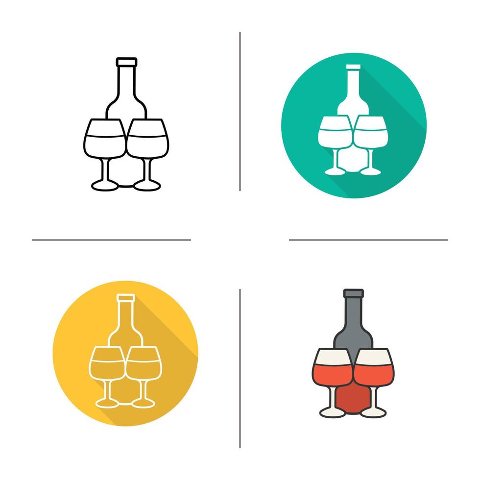 Red wine icon. Flat design, linear and color styles. Wine bottle and glasses. Isolated vector illustrations