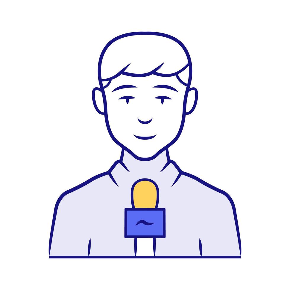 Reporter man blue color icon. TV presenter, interviewer with microphone. TV host. Journalist taking interview. Newscaster reporting breaking news. Television announcer. Isolated vector illustration